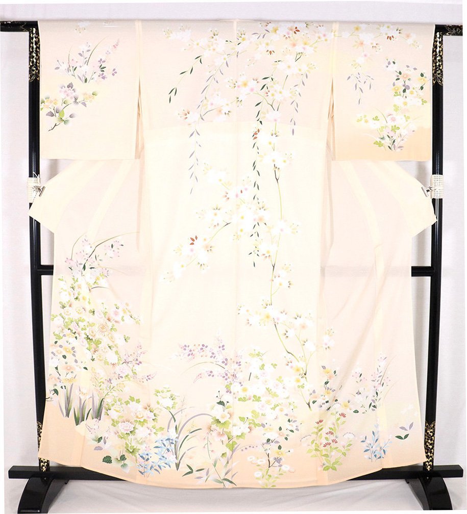 絽 友禅訪問着 正絹 ベージュ オレンジ 黄色 菊 桔梗 菖蒲 桜 Lサイズ ki26742 新品 夏着物 盛夏 レディース シルク 7月8月送料込み_画像4