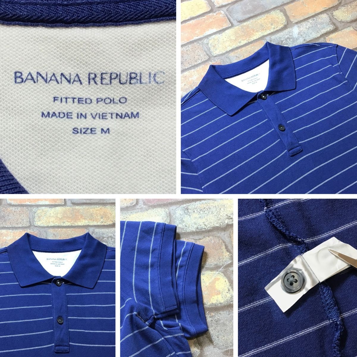 ME4-982◇USA直輸入◇爽やか◇GOODカラー◇シンプル◇【BANANA REPUBLIC バナリパ】ボーダー 半袖ポロシャツ【メンズ M】青  古着 ユーズド JChere雅虎拍卖代购