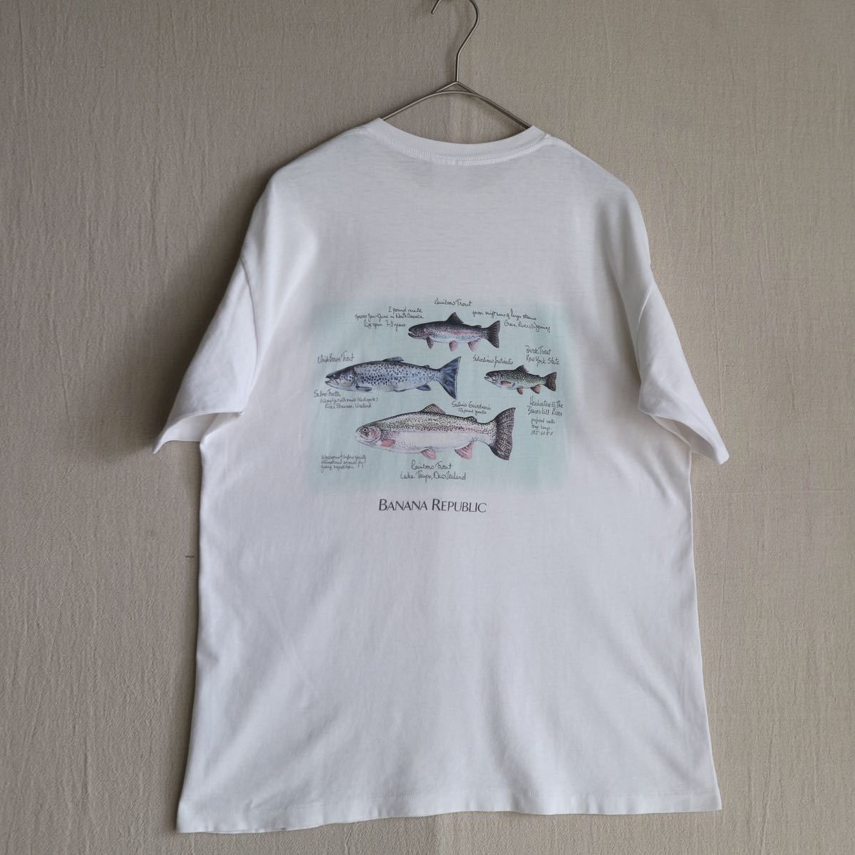 90s BANANA REPUBLIC Tシャツ / コットン ホワイト プリント イラスト 動物 魚 半袖 USA ビンテージ T2-07004-0_画像1