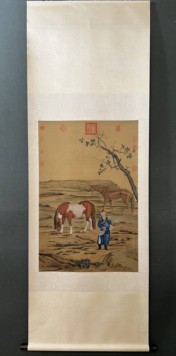 徳】旧家蔵出 中国書画 『清 郎世寧 狩猟図長巻 絹本 肉筆保証品 』 軸