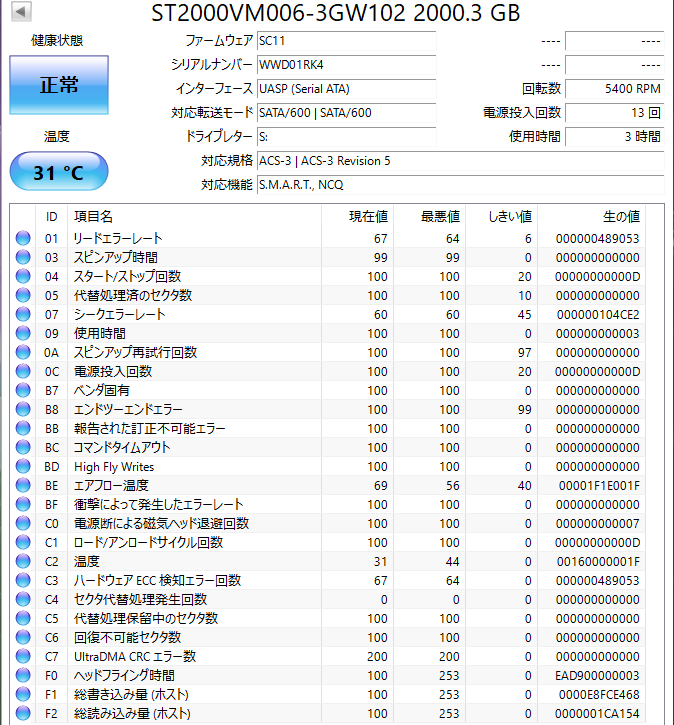 【送料無料】 2個セット ★ 2TB ★　ST2000VM006　/　Seagate【使用時間：4 h＆ 3 h】2022年製　新品同様　3.5インチ内蔵HDD SATA_画像3