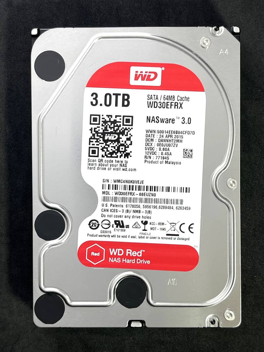 【送料無料】　★ 3TB ★　WD Red　/　WD30EFRX　【使用時間：76ｈ】　2015年製　稼働極少　Western Digital RED　3.5インチ内蔵HDD SATA