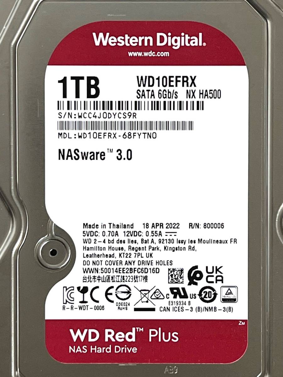 【送料無料】　★ 1TB ★　WD Red　/　WD10EFRX　【使用時間： 42 ｈ】 2022年製　新品同様　3.5インチ内蔵HDD　SATA Western Digital RED