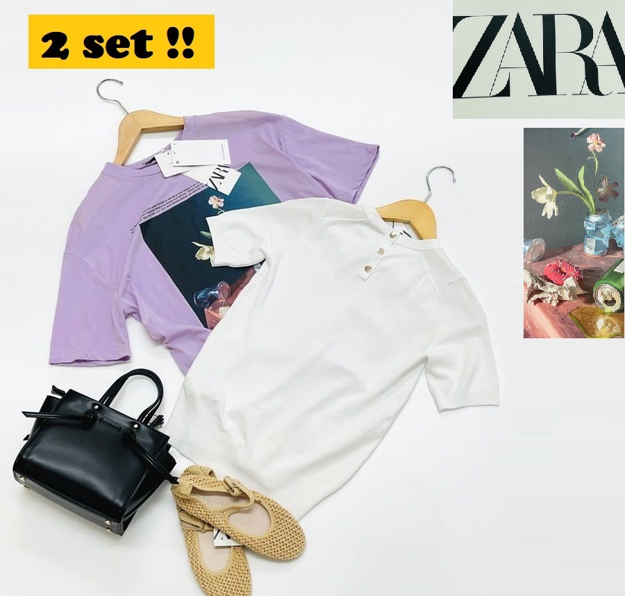 2セット 未使用品 /S/ ZARA ホワイト パープル プリント 半袖Tシャツ バックボタン レディース タグ カジュアル トップス 大人可愛い ザラ