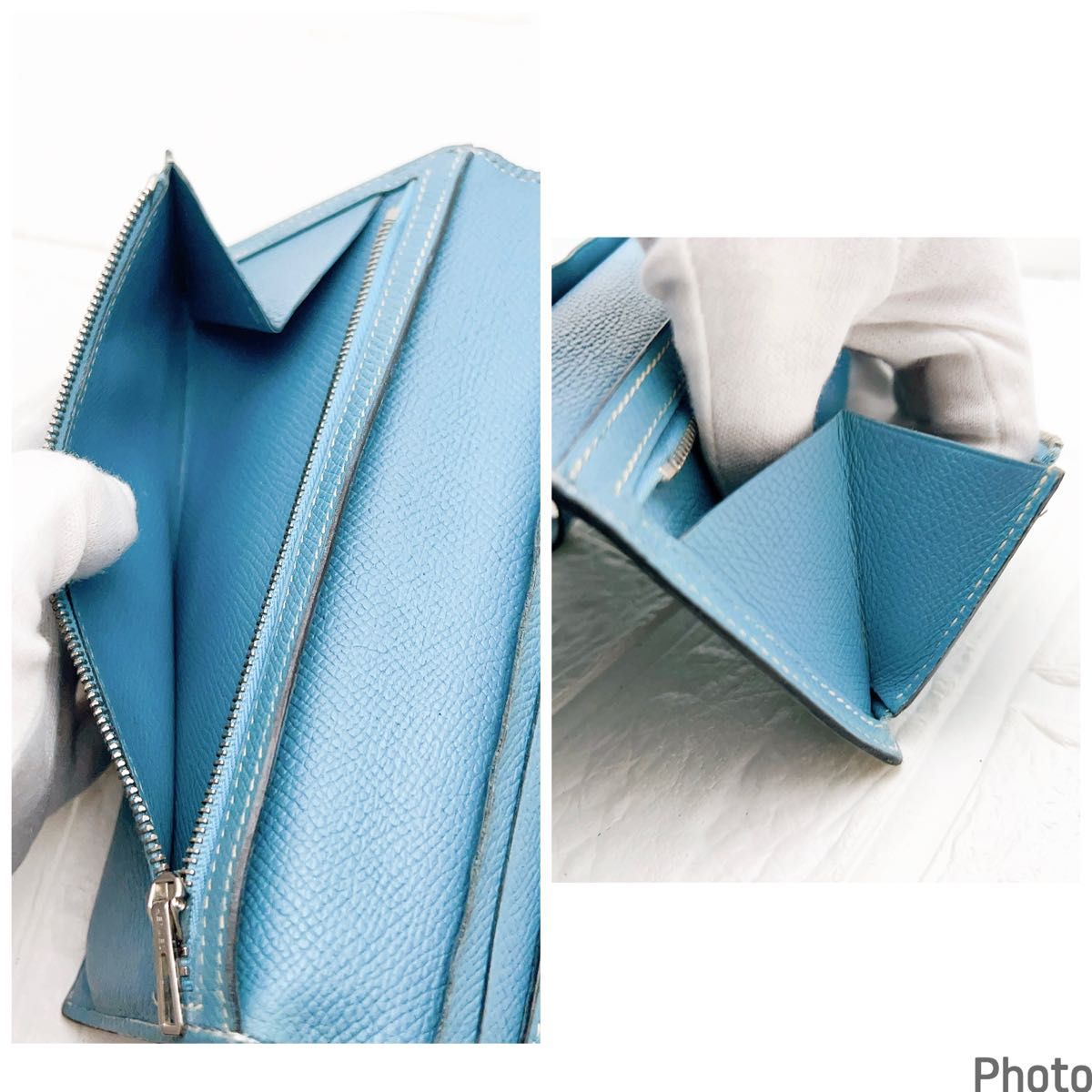 HERMES エルメス 長財布 べアン ブルージーン シルバー金具 折財布