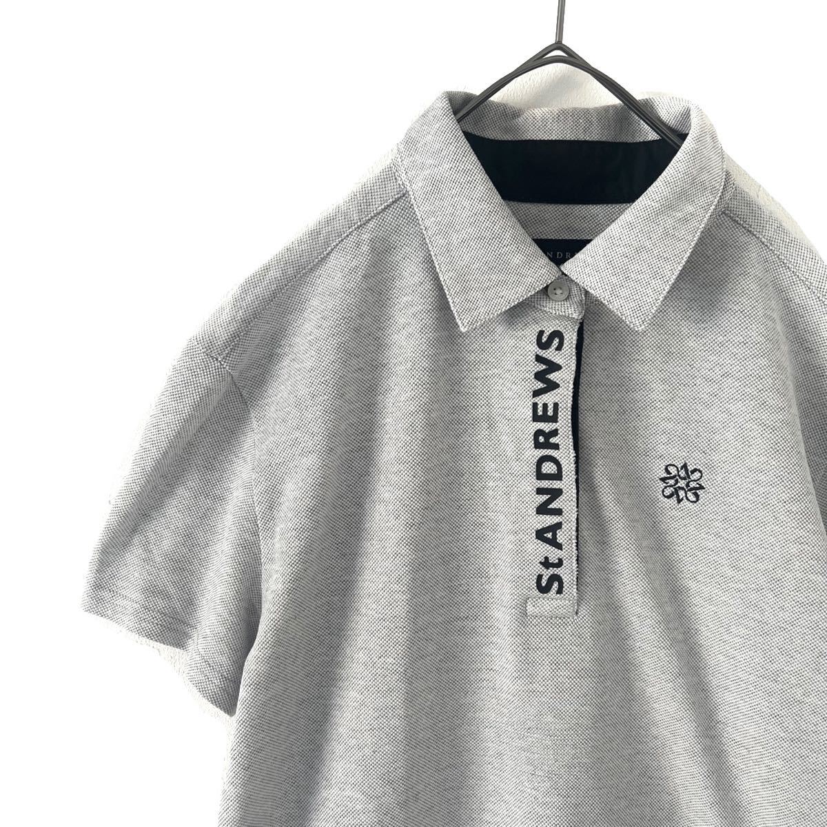 【送料無料】St ANDREWS セントアンドリューズ　ポロシャツ　レディース　ロゴ　M 半袖　グレー　ロゴ　ゴルフウェア　GOLF