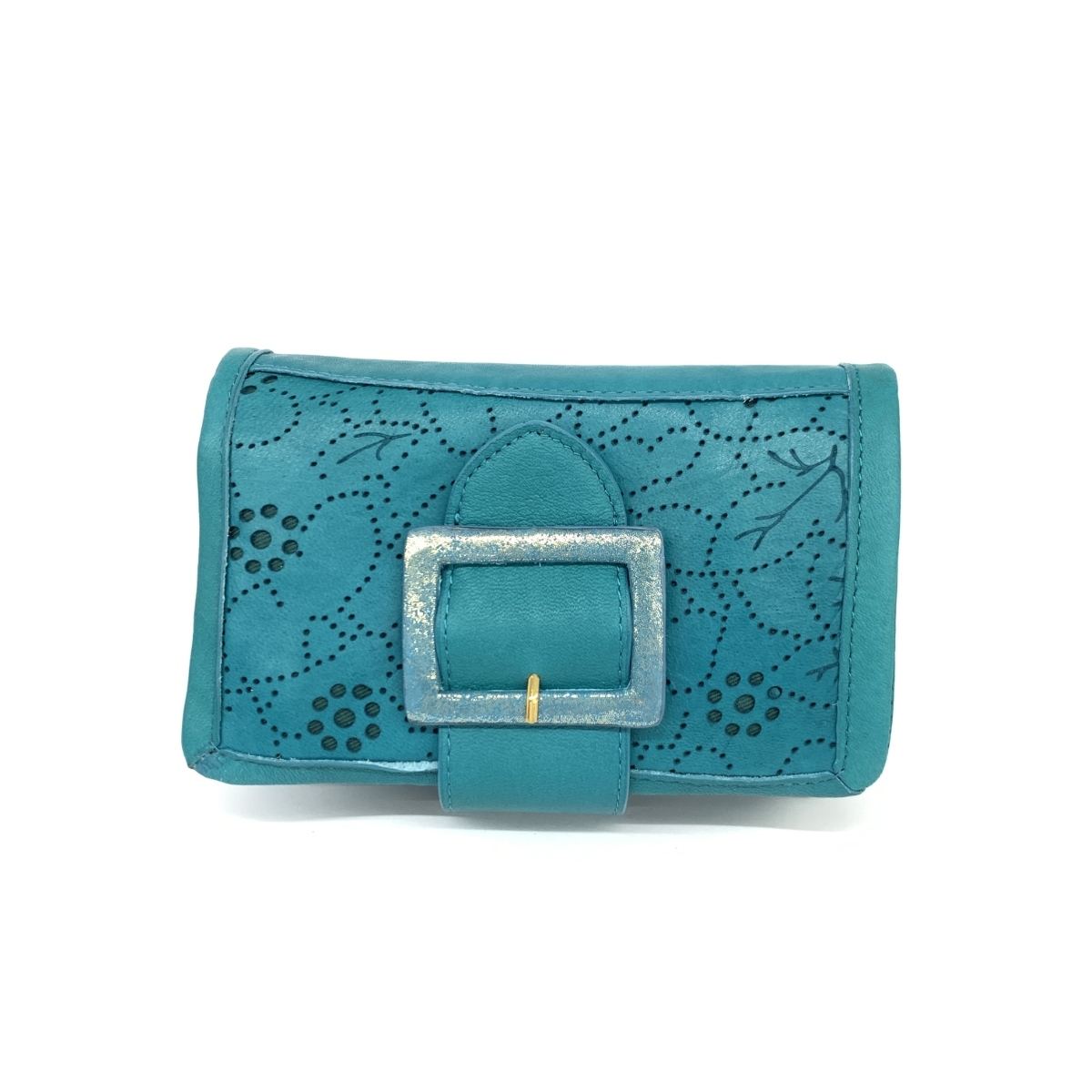 美品◆perche ペルケ 二つ折り財布◆ ターコイズブルー レザー パンチング レディース ウォレット 服飾小物