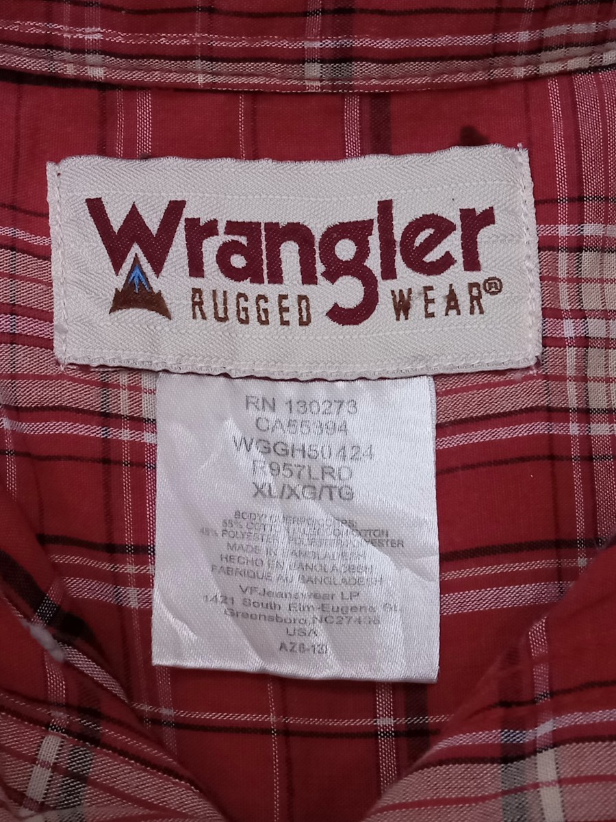 ★G002 US古着 Wrangler ラングラー 長袖シャツ チェックシャツ ラウンドシャツ サイズXL チェック柄赤系 _画像4