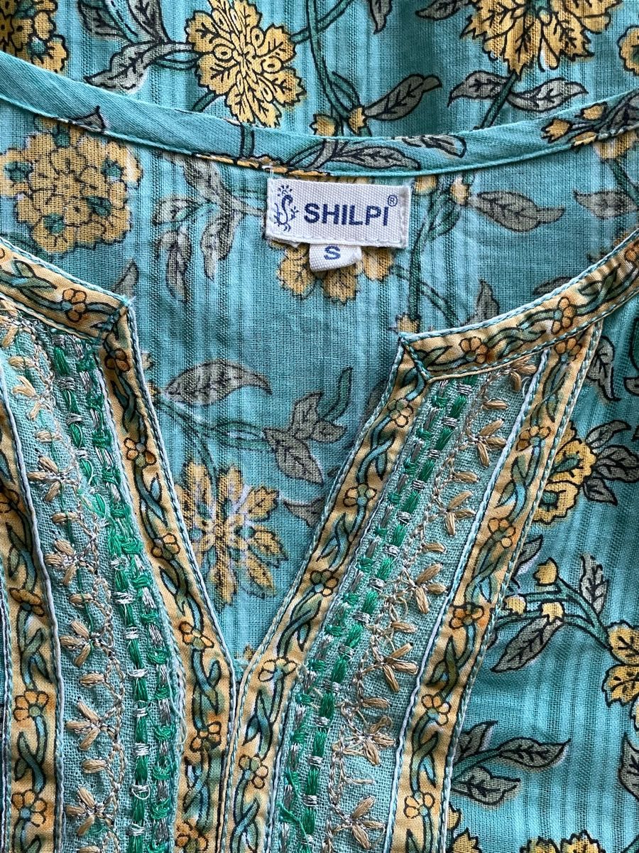 Shilpi インド綿 花柄 ワンピース モダン カフタン ドレス ターコイズ クルタ 民族衣装