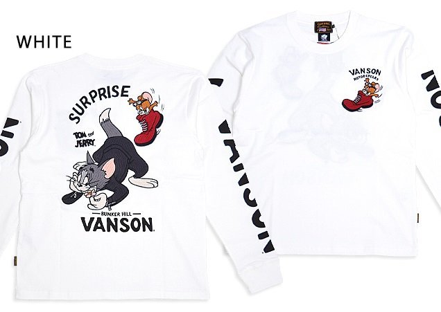 vanson×TOM＆JERRYコラボ 天竺ロングTシャツ◆vanson ホワイトXLサイズ TJV-2331 バンソン ヴァンソン トムとジェリー 刺繍_画像1