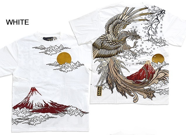 赤富士に鳳凰半袖Tシャツ◆絡繰魂 ホワイトXLサイズ 212052 和柄 和風 刺繍 粋 富士山 からくり