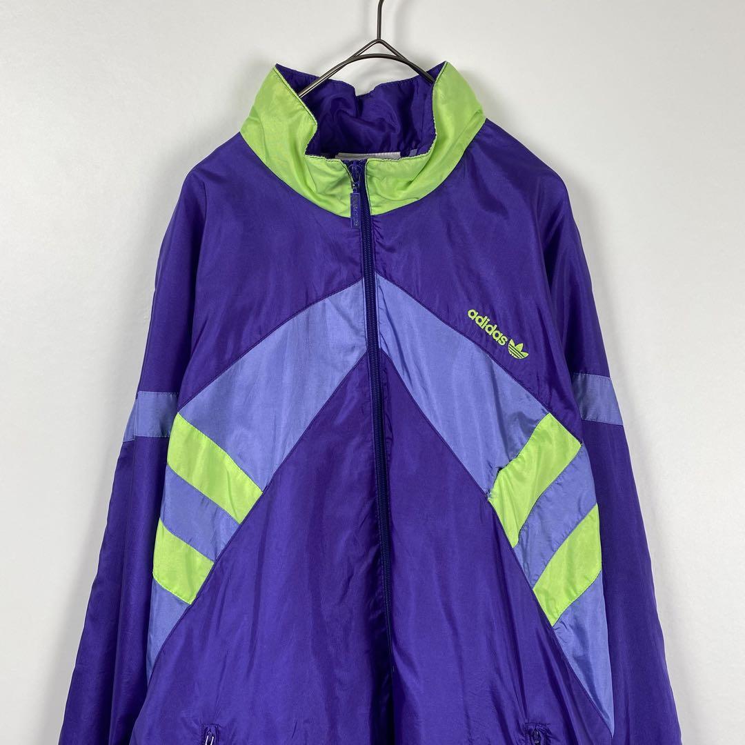 80s adidas ロゴ刺繍 バックプリント ナイロンジャケット 紫 XL