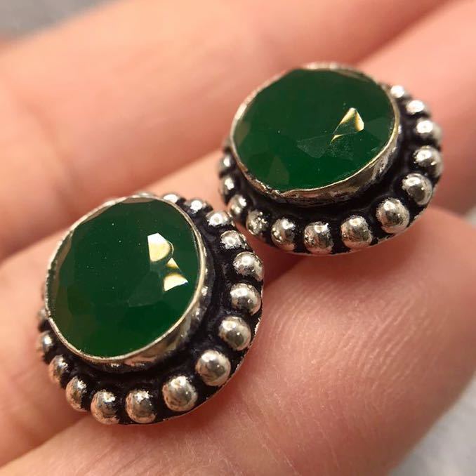  natural stone * green onyx. antique style earrings * lady's silver accessory color stone ethnic India jewelry new goods Y-RSHOP