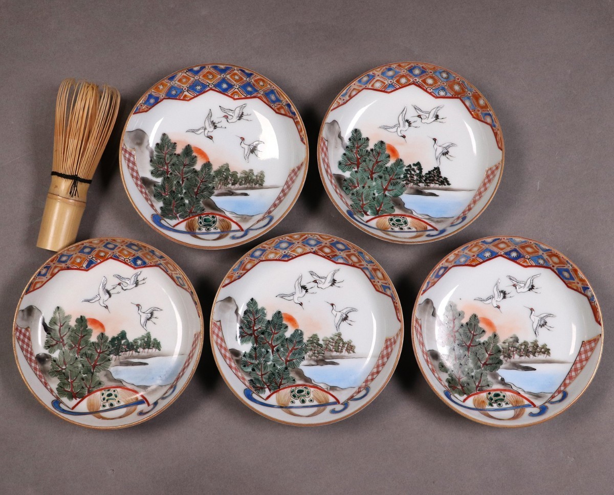 CF51 九谷焼 金彩色絵小皿 五客 幅12cm 扇面鶴亀松 小紋 縁起 取皿-