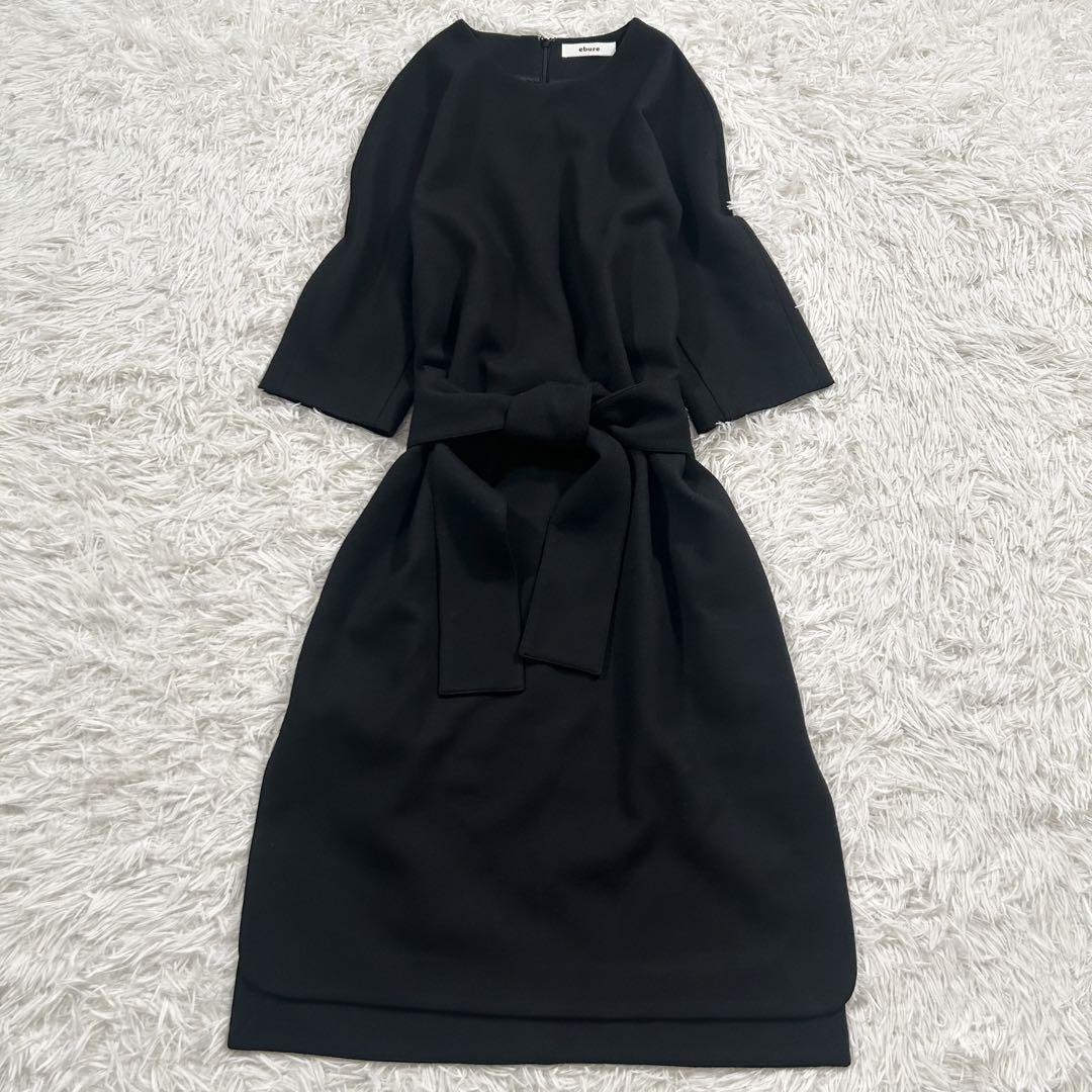 新しい到着 エブール 高級感 フレア ドレス モード 綺麗目 カジュアル 大人 上品 ebure フレア ワンピース ブラック ウール ベルト Mサイズ