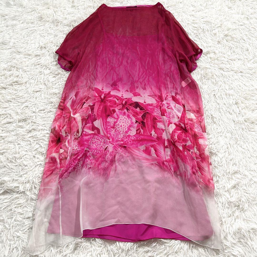 ドゥロワー 花柄 シルク シアー ドレス グラデーション 総柄 ピンク 高級 フラワー silk フレア 綺麗目 Aライン 大人 モード カジュアル