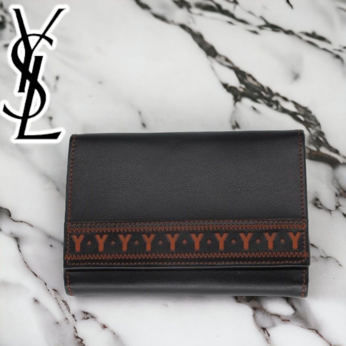 新品 Yves Saint Laurent サンローラン 三つ折り ガマ口 レザー 財布 ウォレット ブラック 黒 本革 Brandnew unused VINTAGE