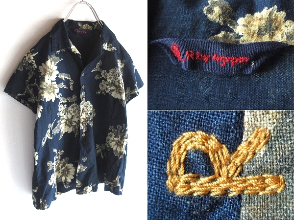 ネコポス対応 45rpm R刺繍 インディゴ染 花柄 フラワー柄 開襟