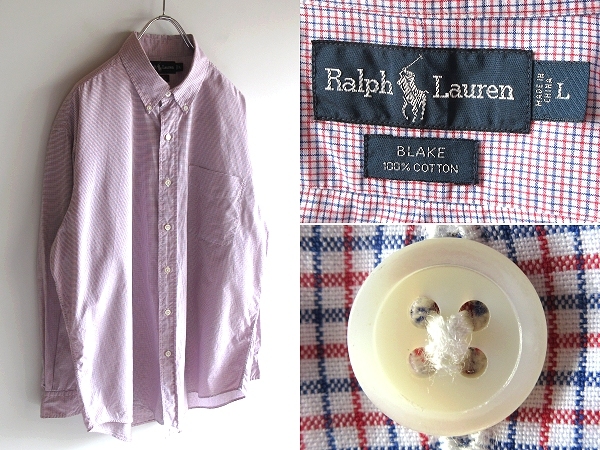 希少 90s-00sビンテージ Ralph Lauren ラルフローレン BLAKE コットン マイクロチェック BDシャツ L 赤 紺 白 トリコロール ネコポス対応