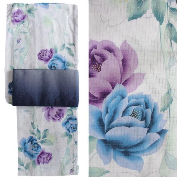 [ lady's yukata set ]...& obi antique rose blue group rose cotton 100% modern & retro 