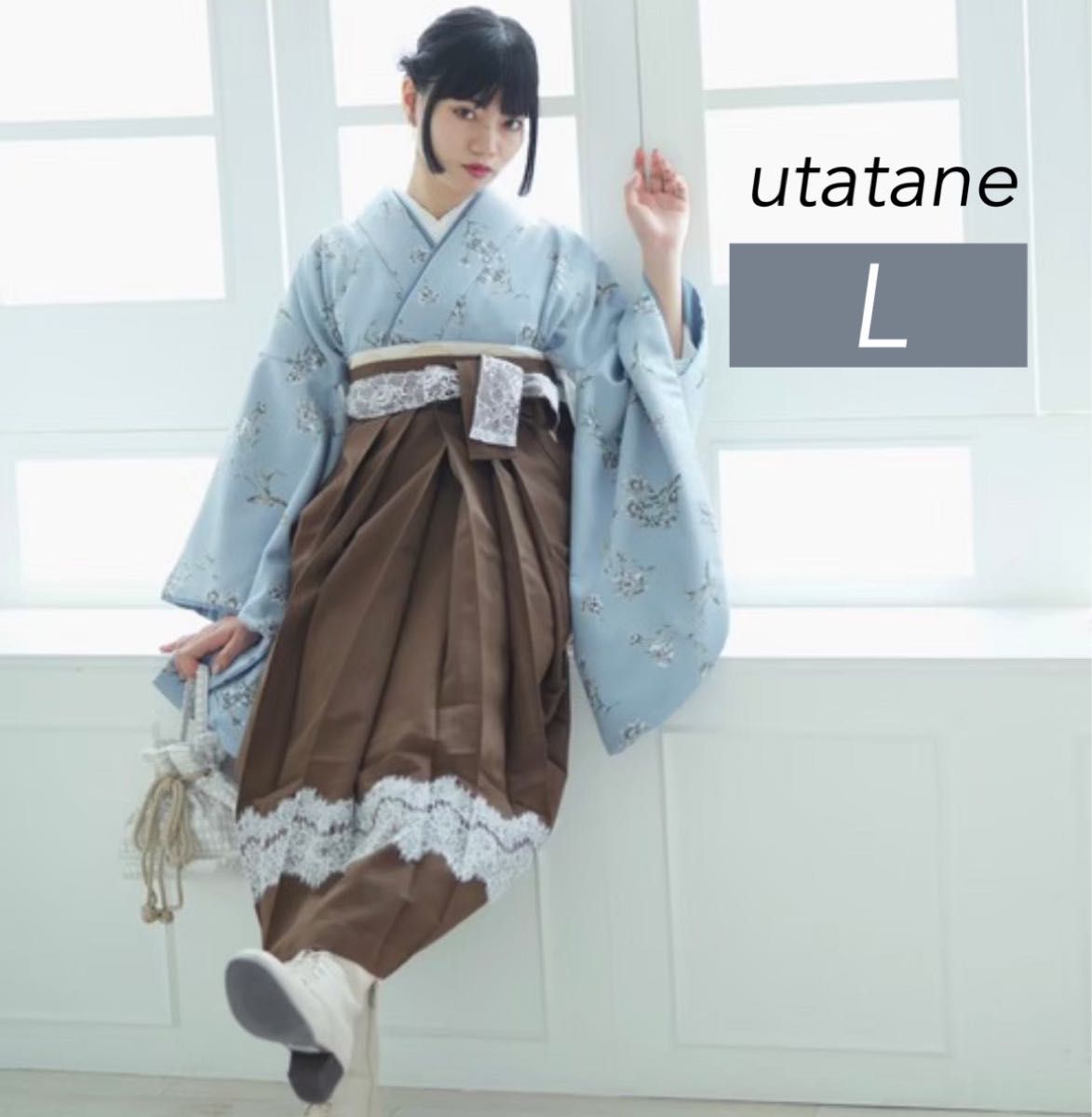 新品【くすみブルーに花×レース袴】utatane かぷり 二尺袖 袴 Lサイズ