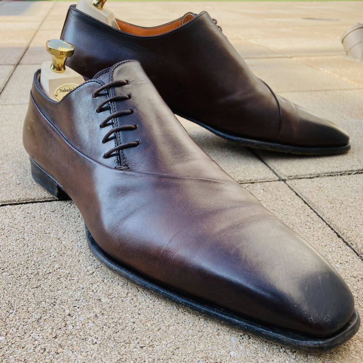 ★即決 サントーニ SANTONI 8 約26㎝ 革靴 ビジネスシューズ プレーントゥ サイドレース ブラウン BR 茶色 ロングノーズ イタリア製 本革 _画像1