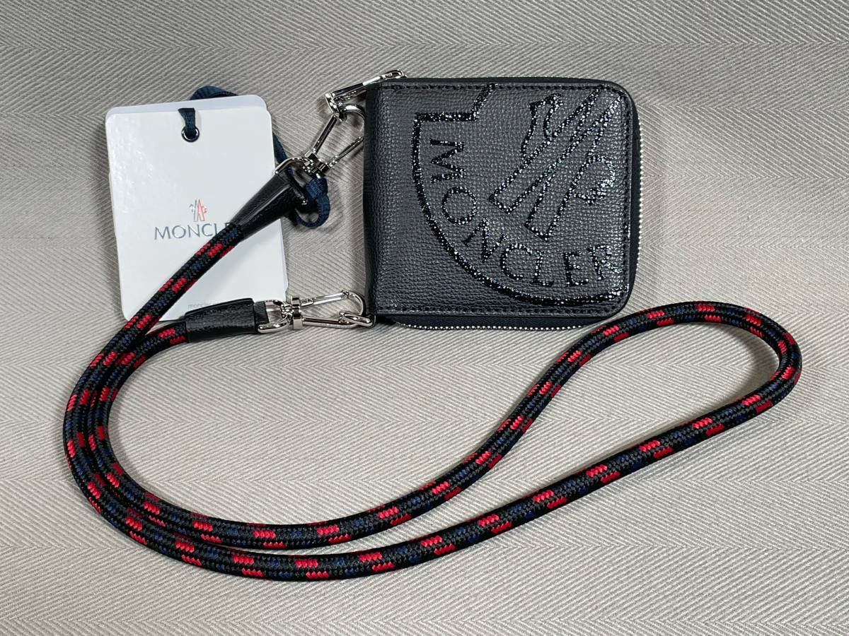 新品 本物 モンクレール MONCLER ストラップ付き レザー ロゴ 財布 二つ折り ファスナー 黒 ブラック ポーチ ミニ バッグ ケース
