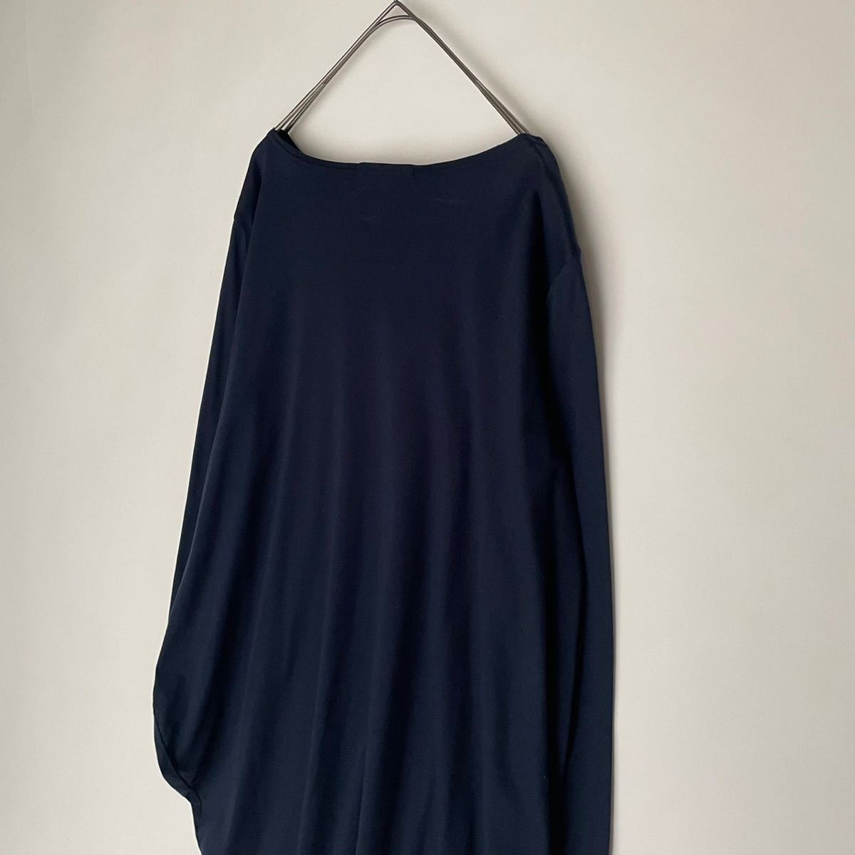 mizuiro ind light blue India tunic One-piece ko Kuhn cut and sewn boat neck long sleeve cotton 100% easy . navy size FREE