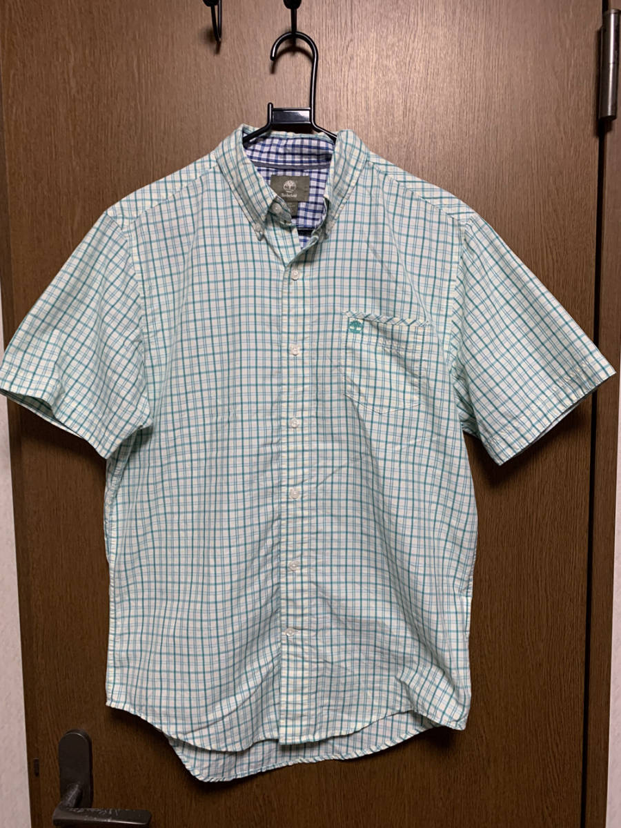 S TimberLand / ティンバーランド 半袖チェックシャツ BDボタンダウン 白ベース緑系_画像2