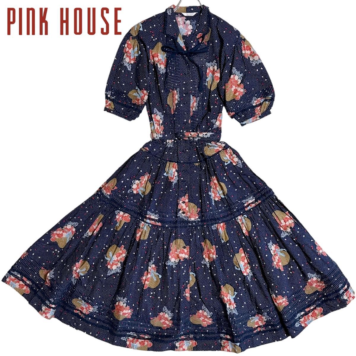 美品】 PINK HOUSE ピンクハウス ロングワンピース 半袖 ドット柄 × 花