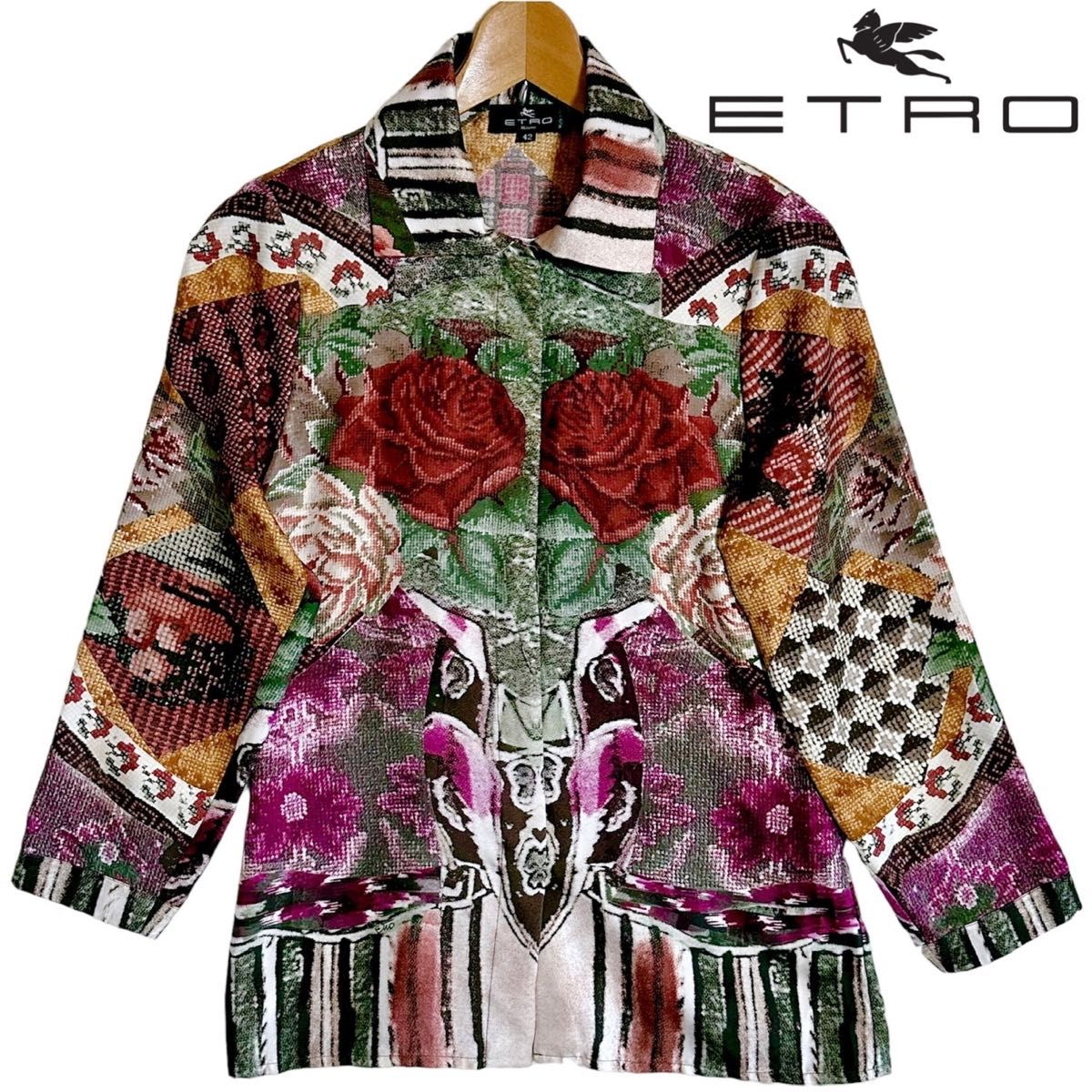 XLサイズ★ ETRO エトロ ブラウス シルク100% 花柄 バラ ローズ 総柄 シャツ 長袖 大きいサイズ 比翼