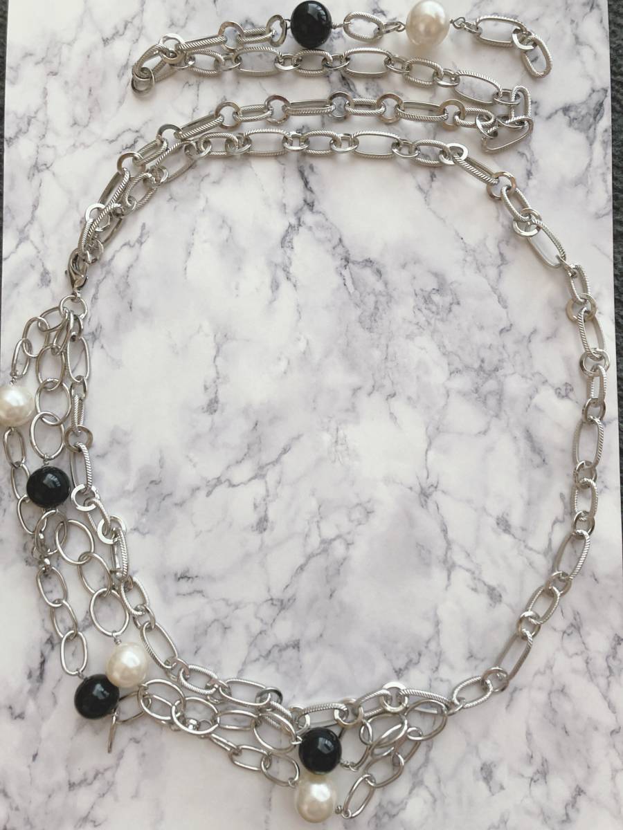 チェーンベルト　シルバー　パール　ブラックオニキス　美品　130cm　大きいサイズ対応☆Vintage jewelry accessories A294_画像2