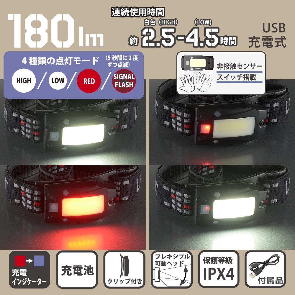 LEDヘッドライト USB充電式 180ルーメン｜LC-HUS180S-K 08-1370 オーム電機_画像5
