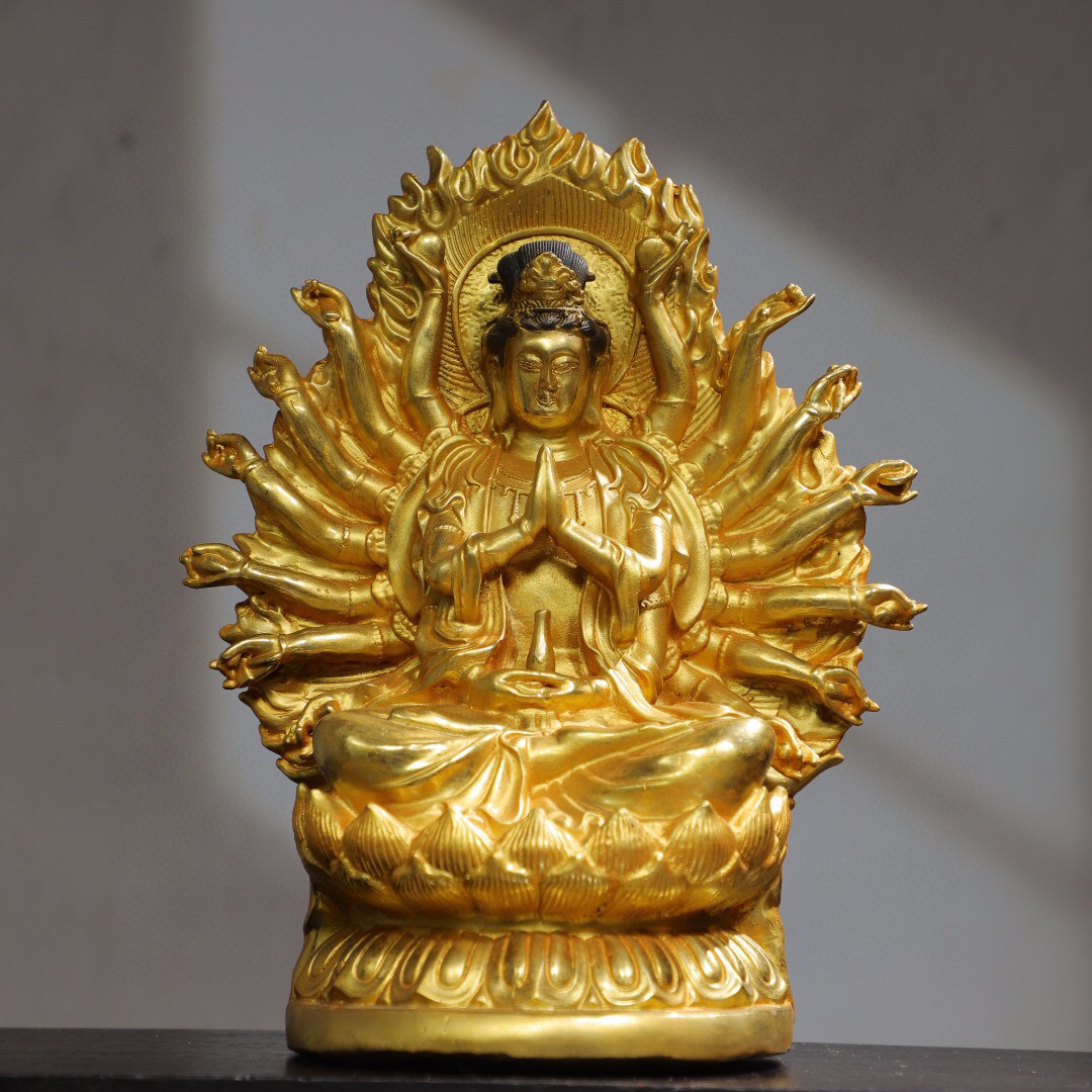 蔵友館蔵品・銅製・塗金・千手觀音像】・希少珍品・置物・賞物・中国