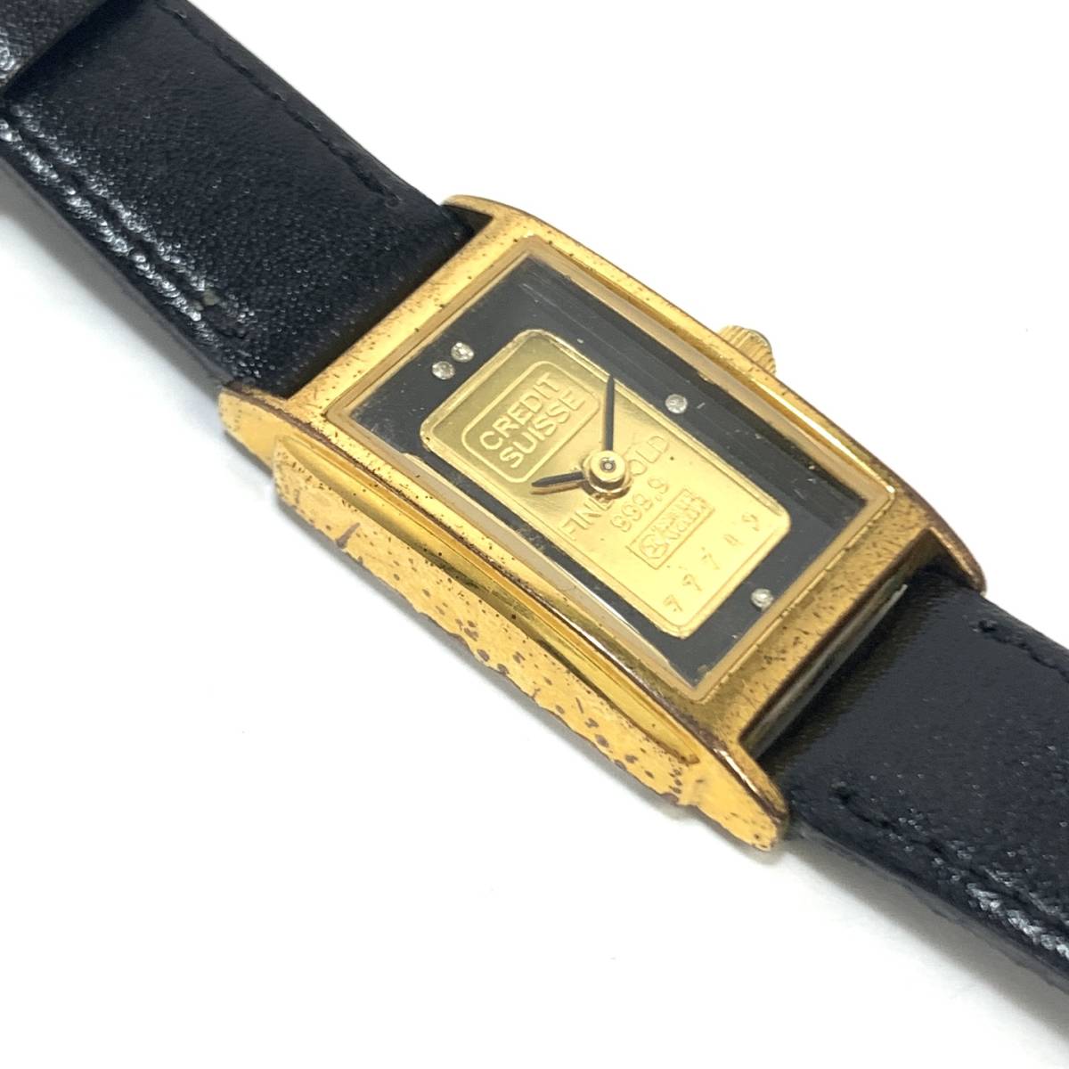 ▼クレディ スイス 純金 999.9 インゴット クォーツ 革ベルト GOLD 黒 レディース 腕時計 QZ CREDIT SUISSE_画像3