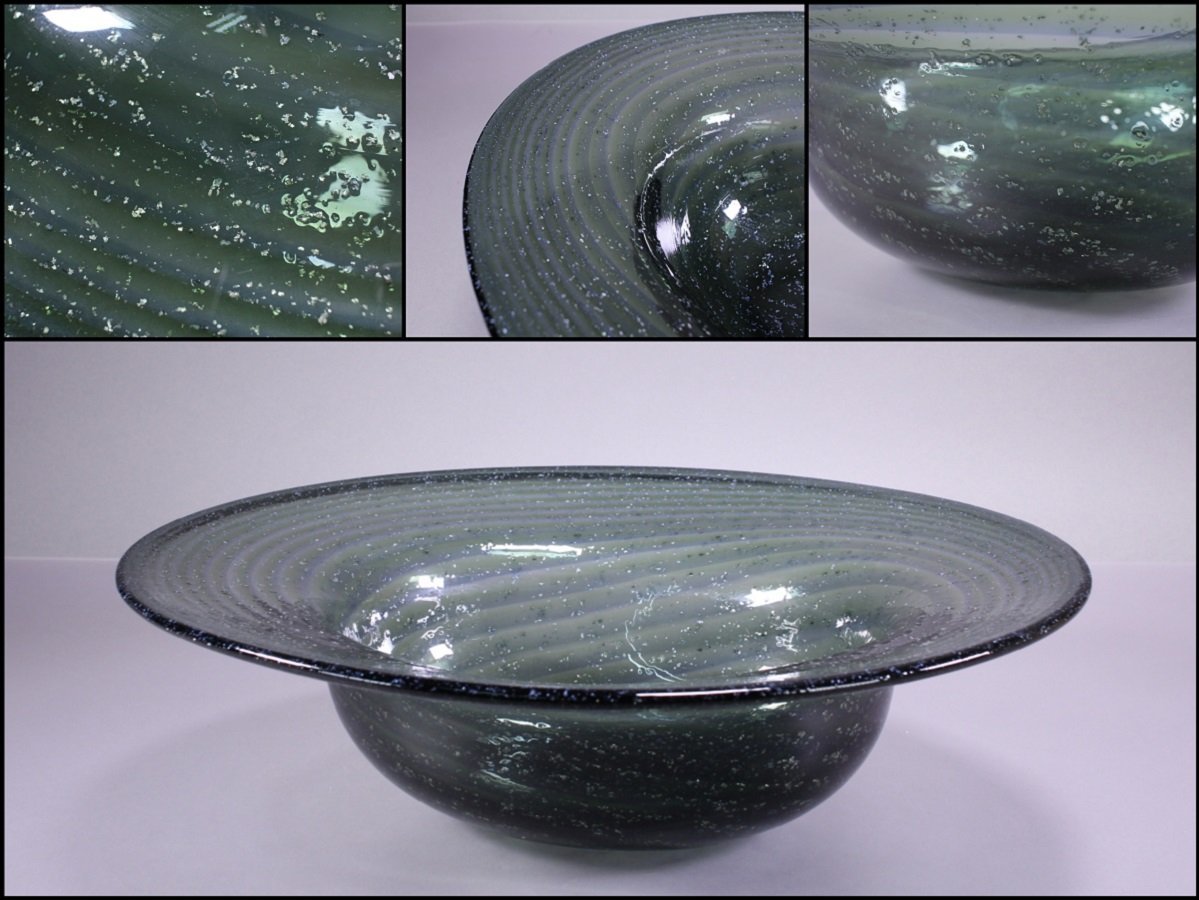 水盤　ガラス　緑ガラス　銀箔　花器　４１ｃｍ　華道具　茶道具　フラワーベース