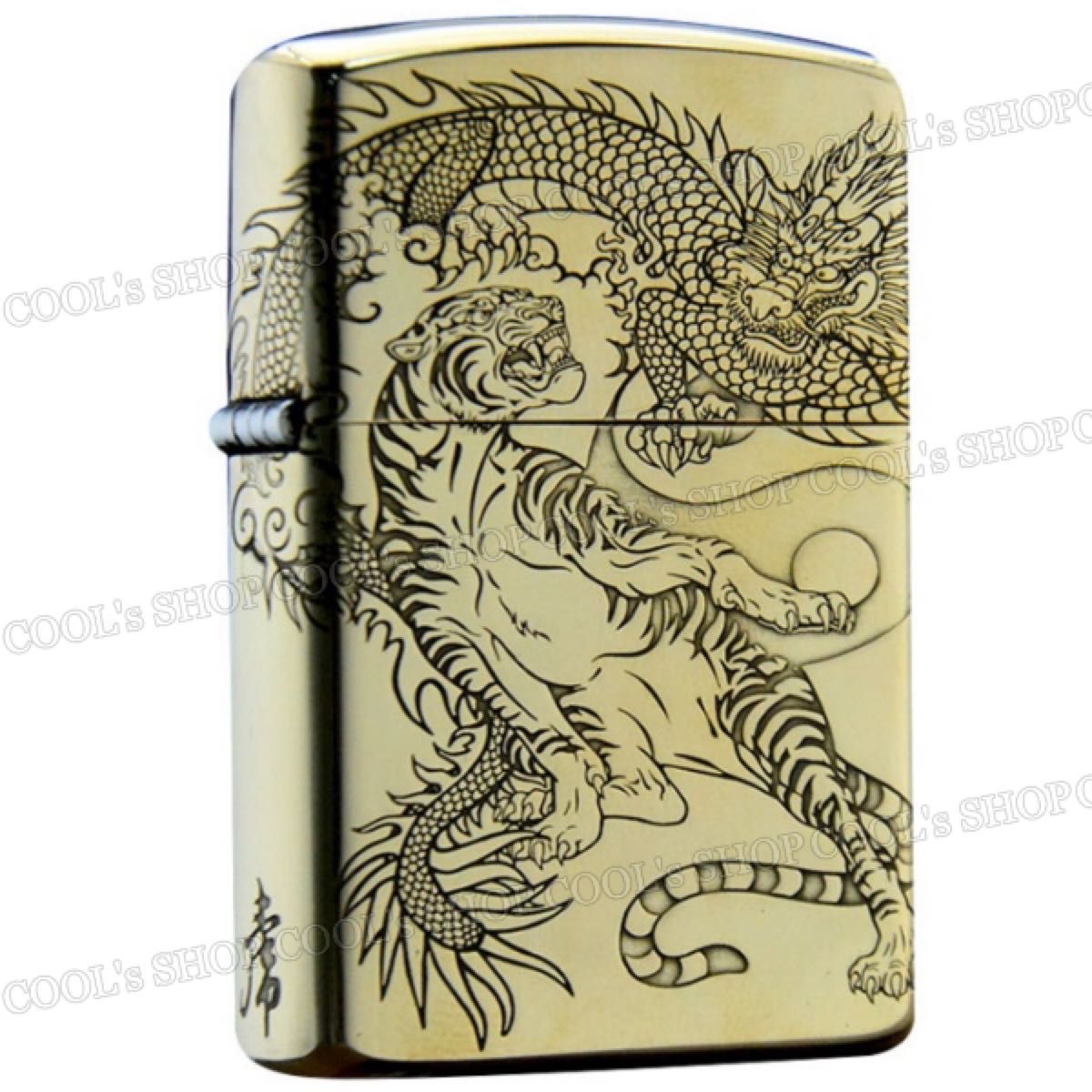 龍 虎 三面彫り デザイン オイルライター ZORRO ドラゴン 竜 zippo 同型 和柄 和彫り タイガー ゴールド 金