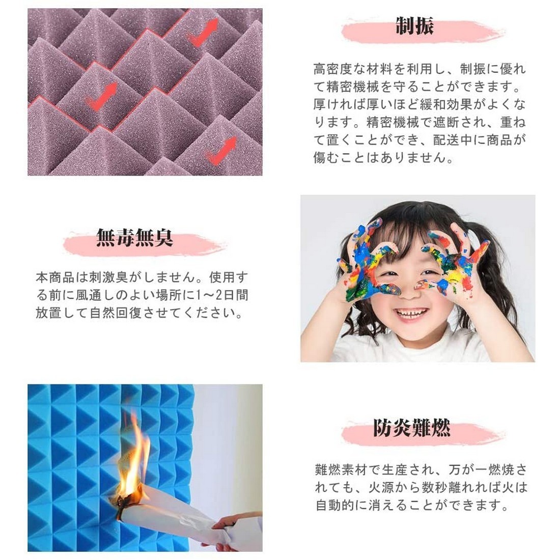 吸音材 防音 壁 50*50cm 厚さ5cm 6枚セット 緩衝材防音 壁 ウレタン 高密度加工 楽器音響調整 難燃 無臭 ピラミッ_画像5