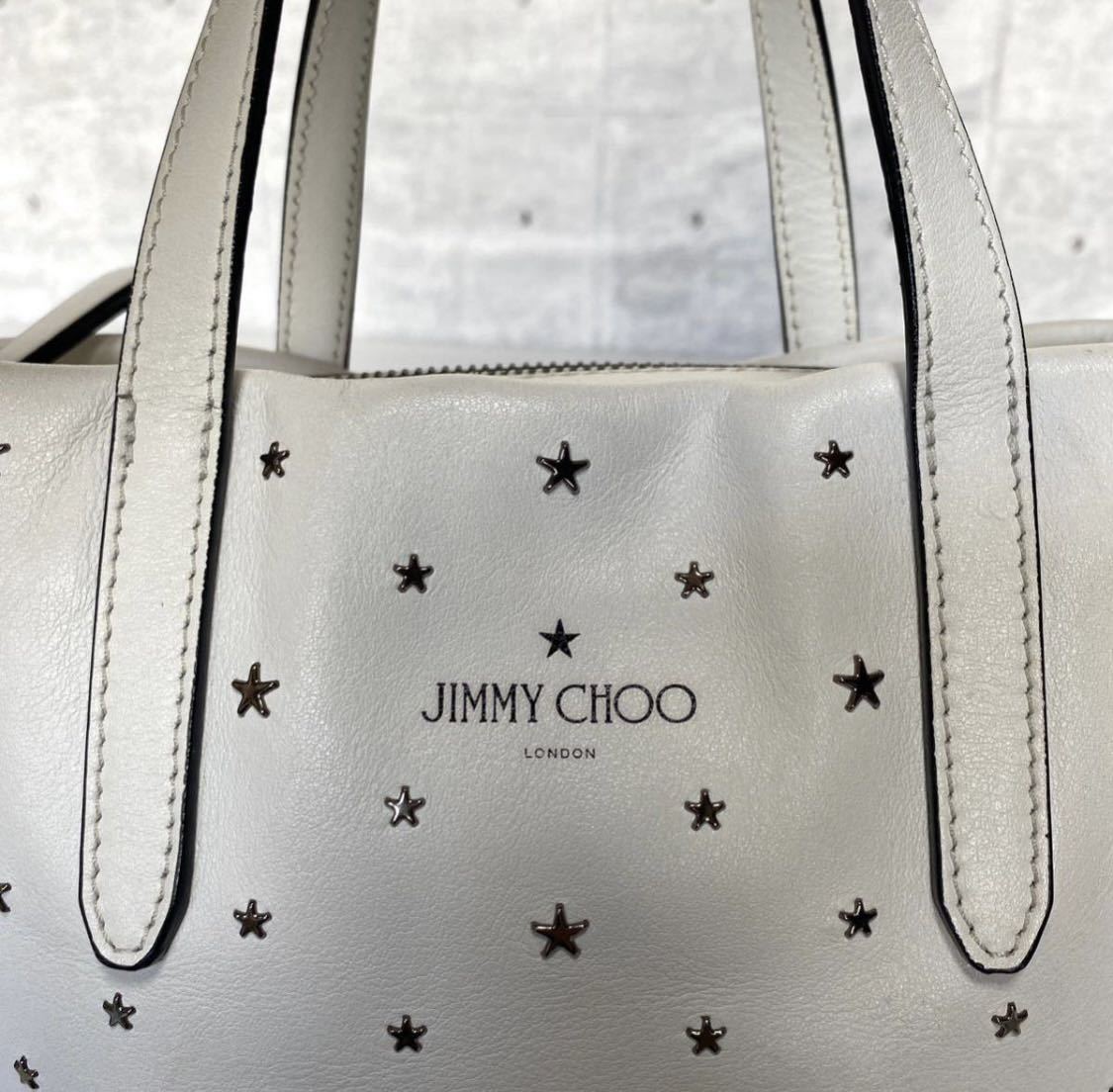 極美品 JIMMY CHOO MINI SARA ミニサラ ジミーチュウ ホワイト 2WAY ハンドバッグ トートバッグ ショルダーバッグ スタッズ  レザー