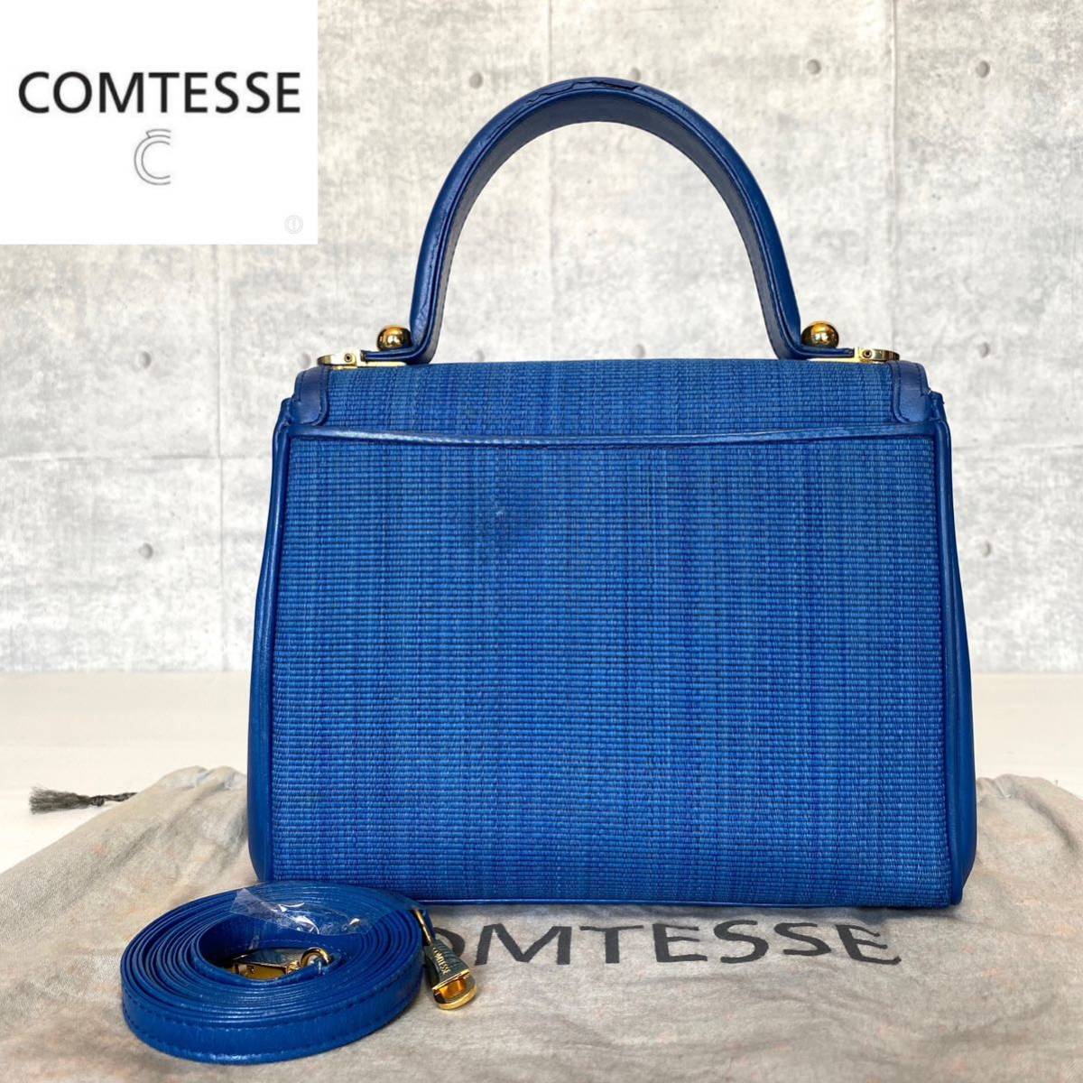 COMTESSE コンテス ホースヘア×レザー ブルー ゴールド金具 2WAY ハンドバッグ ショルダー バック ドイツ製 セレブ Made in Germany_画像2