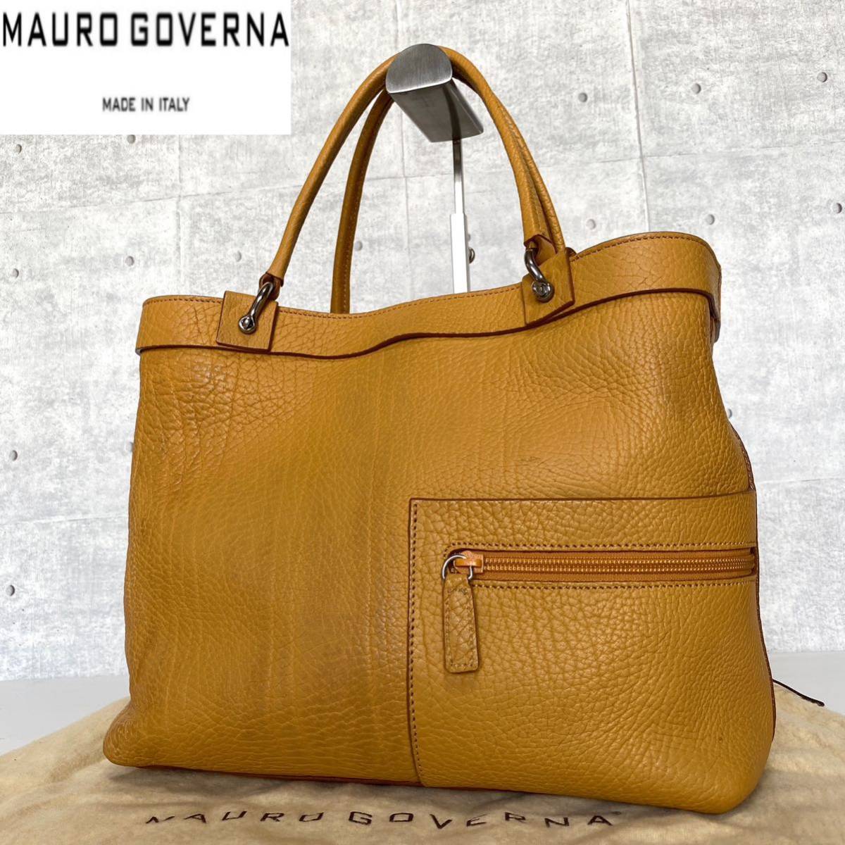 MAURO GOVERNA】キャメル レザー シルバー金具 A4 トートバッグ-