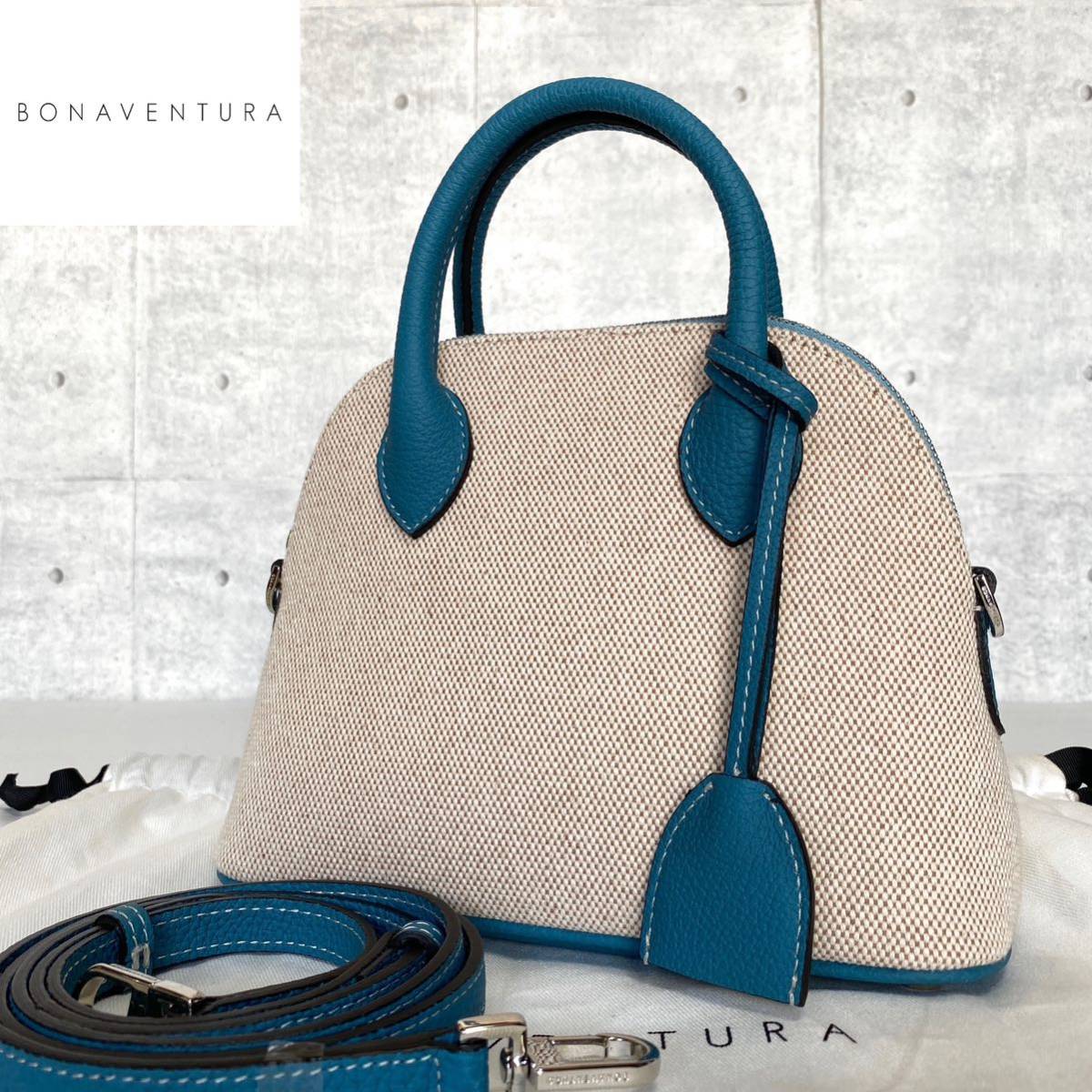 美品 BONAVENTURA Canvas Mini Emma Bag エマ ボナベンチュラ レザー キャンバス ブルーシアン 2WAY ハンドバッグ トートバッグ ショルダー
