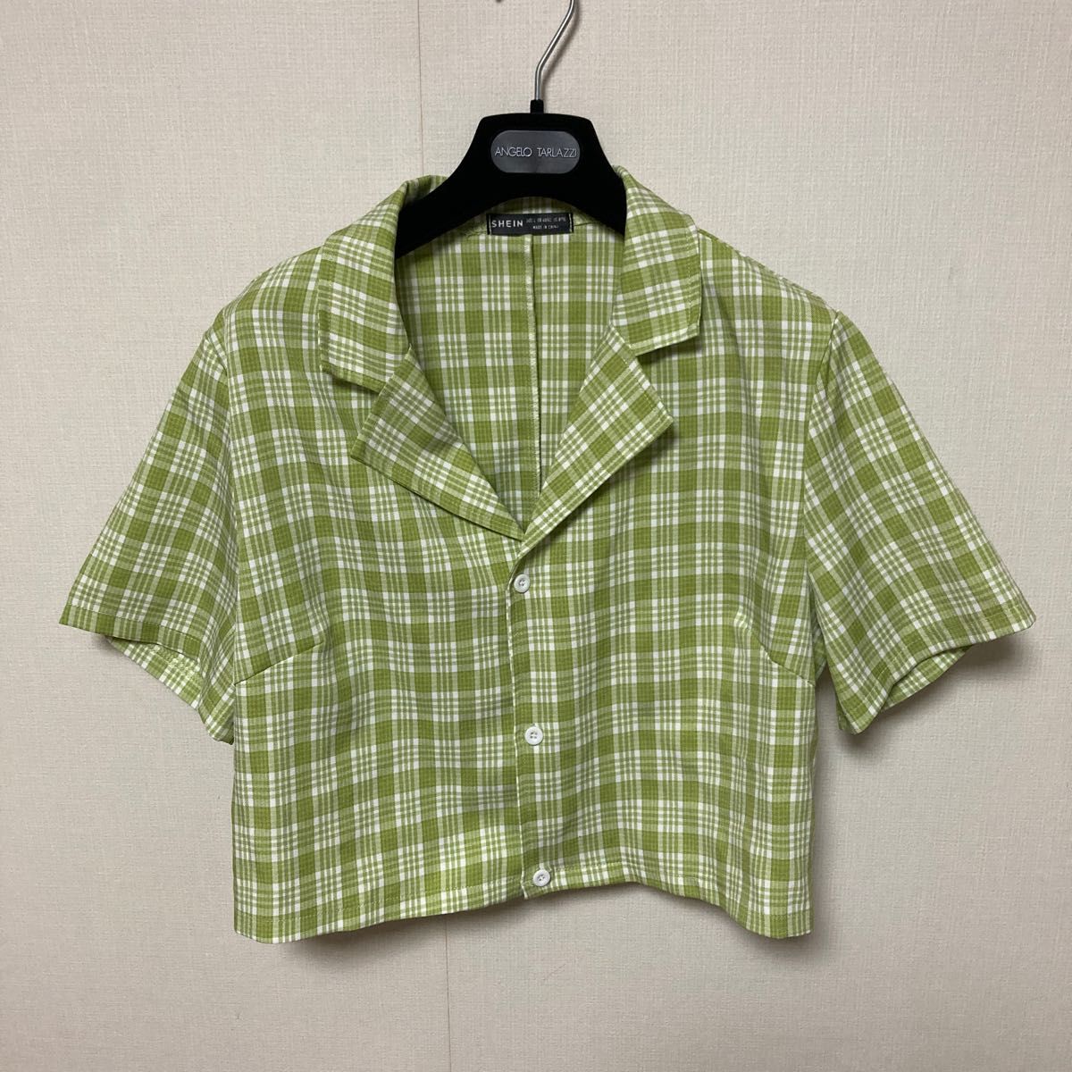 CHECK チェックショート丈ブラウス チャック開襟シャツ 黄緑色 CHECK チェックショート丈ブラウス チャック開襟シャツ 黄緑色