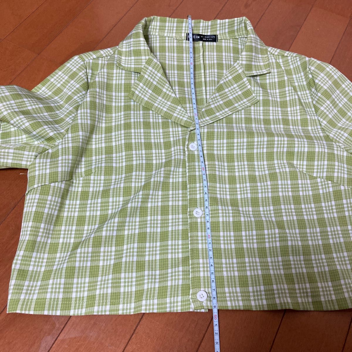 CHECK チェックショート丈ブラウス チャック開襟シャツ 黄緑色 CHECK チェックショート丈ブラウス チャック開襟シャツ 黄緑色