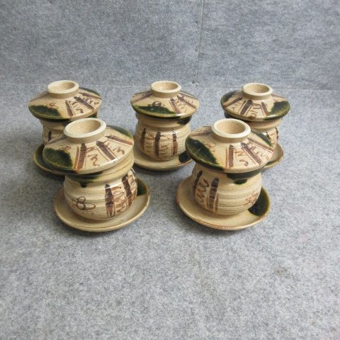 織部焼 蒸茶碗 5個セット [B32865] 高さ11cm 直径9cm 懐石料理 茶碗蒸し 古玩 古美術_画像1