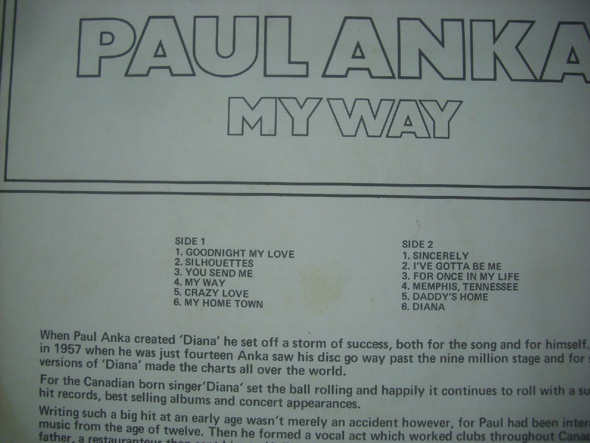 ■ 輸入UK盤 LP 　PAUL ANAKA / MY WAY ポール・アンカ マイ・ウェイ ダイアナ オールディーズ 1974年 RCA CDS 1134 ◇r50830_画像3