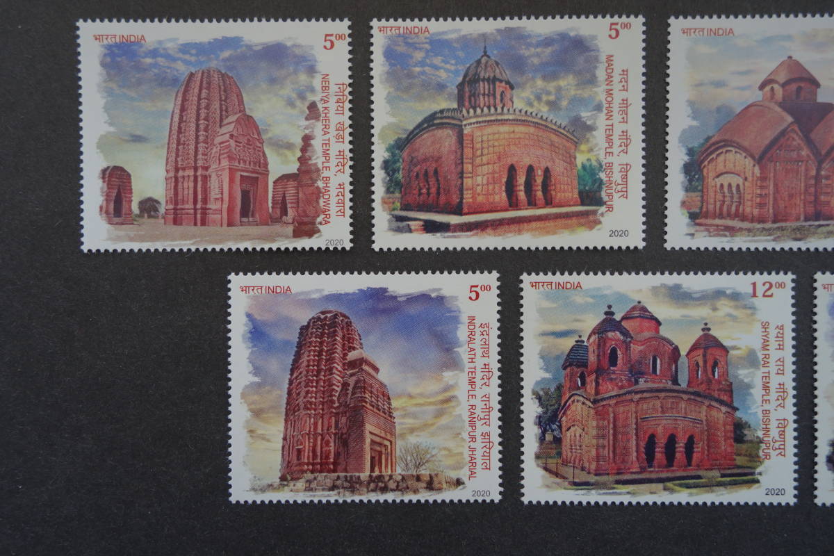 外国切手： インド切手「テラコッタ寺院」（ラニプール・ジャリアルのインドララス寺院 ほか） 7種完 未使用_画像2