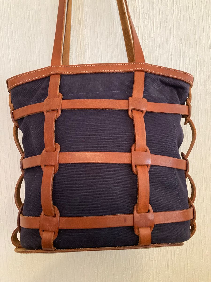 値下げ Felisi フェリージ トートバック レザー×キャンパス ネイビー M