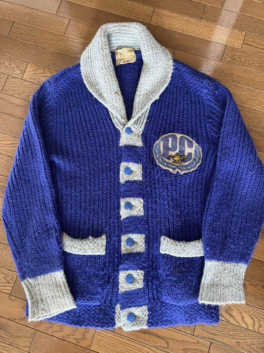  Vintage badge attaching shawl color wool knitted cardigan 