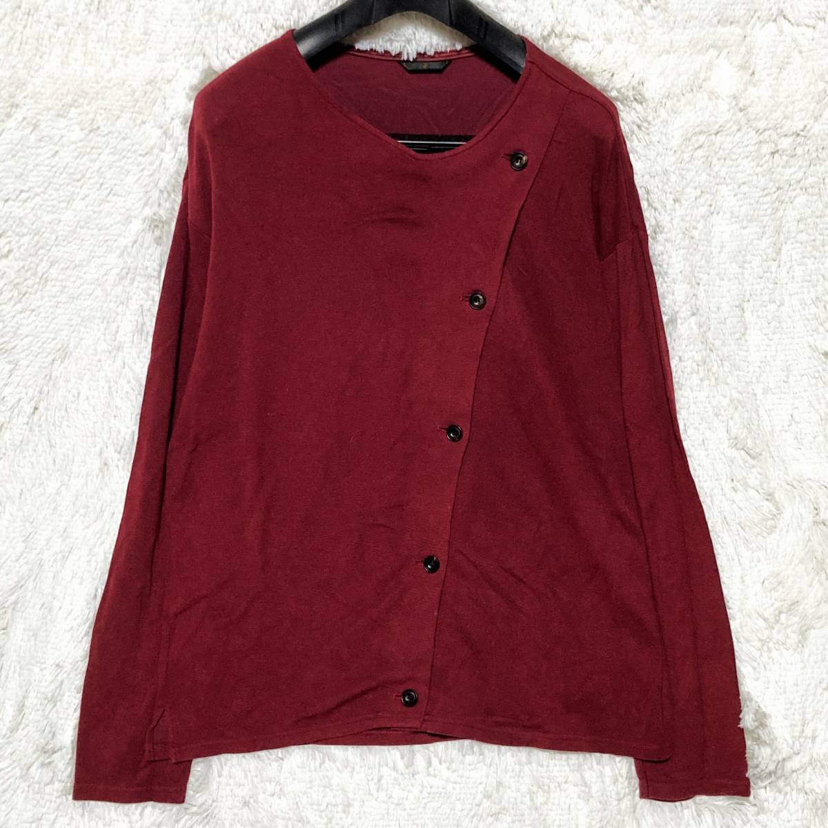 ato★超名作★PEARL KNIT DIAGONALLY BUTTON PULLOVER★斜めボタン ビッグシルエット カットソー ニット ライダース風 ボルドー 46 アトウ_画像1